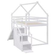 Literas tipo casita con tobogán y escaleras de almacenamiento, litera de madera individual sobre individual para niños con techo y escaleras para niñas y niños