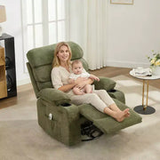Sillón reclinable mecedor con masaje y calefacción, silla reclinable giratoria de 360 grados para adultos, silla de guardería de lino con bolsillo lateral y dos portavasos