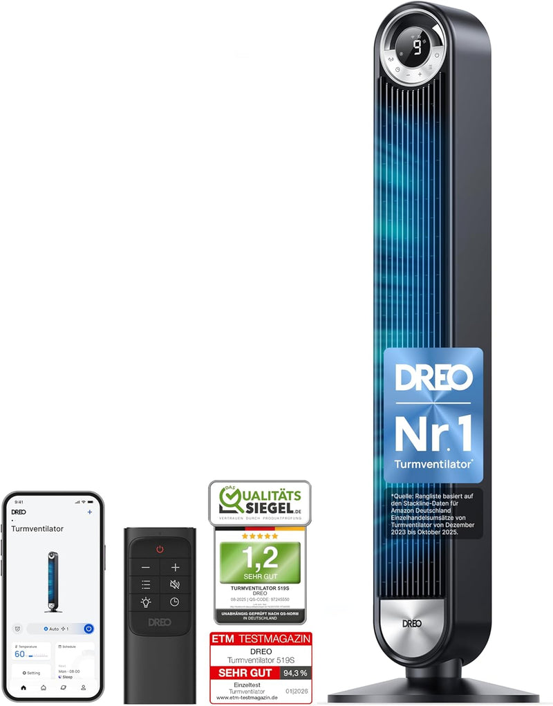 Ventilador de torre inteligente DREO silencioso de 25 dB, 106 cm de altura, 4 modos, 9 velocidades, máx. 7,9 m/s, temporizador de 12 h, ventilador oscilante de 90° con control remoto, control por voz, refrigeración, Cruiser Pro T2S, negro