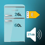 Mini refrigerador Cecotec 2 puertas retro 86L Bolero CoolMarket 2D Origin 86 Blue E, 89,3 cm alto y 48,7 cm ancho, congelador, clase energética E, Total No Frost, luz interior y tirador cromado, azul