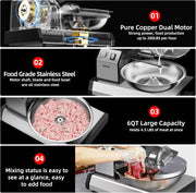 Procesador de alimentos comercial, picadora de carne de alta resistencia de 250W con 1500 RPM, tazón de acero inoxidable de 5,7L y temporizador de 0-15 min, picadora de verduras eléctrica y batidora