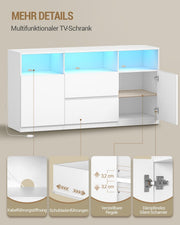 Mueble de TV Hzuaneri con iluminación LED RGB (25 colores), soporte de televisión para pantallas de hasta 65 pulgadas, aparador con 2 cajones y 3 compartimentos abiertos, para salón y dormitorio, blanco TV17003XEU