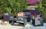 Set de salón de jardín de 4 piezas Allibert by Keter Monaco, grafito/gris, con cojines de asiento y respaldo, de plástico, aspecto de ratán plano