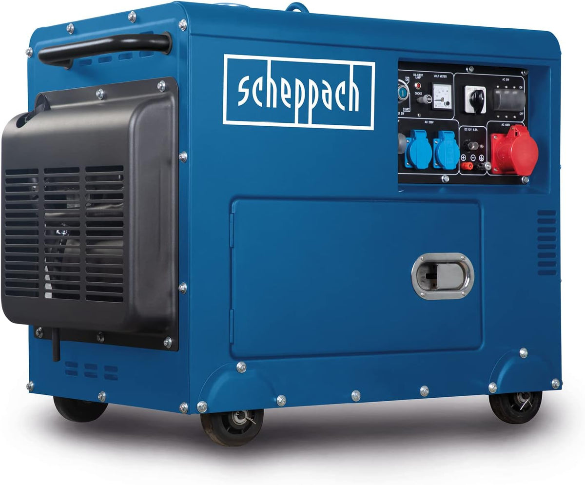 Generador eléctrico diésel Scheppach | Arranque eléctrico | 7,7 CV | 5000 W | 2 tomas de 230 V, 1 toma de 400 V | Depósito de 16 L | Sistema AVR | Generador de corriente SG5200D incl. dispositivo de transporte
