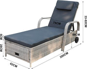 Tumbona de jardín, hamaca de ratán con espacio de almacenamiento y respaldo reclinable, mueble de jardín móvil con cojín, poliratán y metal, 200 x 75 x 30-92 cm (beige/gris oscuro)