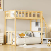 Cama alta Moimhear 90x200 cm con escalera de seguridad y almacenamiento, estructura de cama de madera de pino maciza para niños y jóvenes (color madera + blanco)