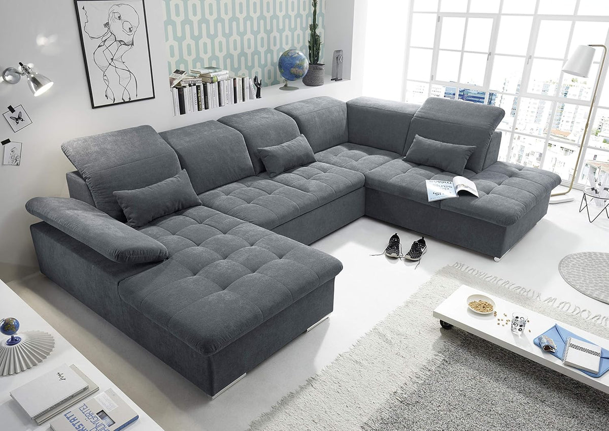 Sofá rinconera en forma de U Stella Trading WAYNE, tapicería de tela color antracita - Sofá extensible con función de cama y arcón - 340 x 81 (104) x 188 (240) cm (ancho/alto/fondo)