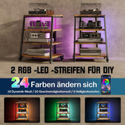 Rack HiFi de madera de 4 niveles con regletas y estante ajustable | Mesa para tocadiscos con ruedas y luces LED, estante para sistema estéreo, soporte multimedia para audio, equipos de sonido, TV, 60x52x78 cm