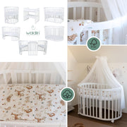 Cuna ovalada evolutiva Waldin, set completo 7 en 1, cuna de barrotes, cama infantil con colchón, cambiador, cuna colecho, madera blanca
