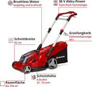 Cortacésped inalámbrico Einhell RASARRO 36/42 Kit Power X-Change (36V, 42 cm de ancho de corte, hasta 725 m², motor sin escobillas, caja colectora de 50L, función de mulching, incl. 2x 5,2Ah + 1x cargador doble)