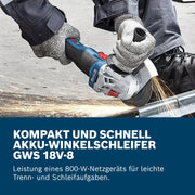 Amoladora angular a batería Bosch Professional 18V System GWS 18V-8 (diámetro de disco 125 mm, incl. 2 baterías GBA 4.0Ah, cargador GAL 18V-40, L-BOXX)