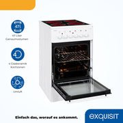 Cocina independiente Exquisit, cocina de 50 cm con placa vitrocerámica, calor superior/inferior, horno con ventilador y grill, cocina eléctrica independiente de 50 cm, color blanco, ECM 5-4-1