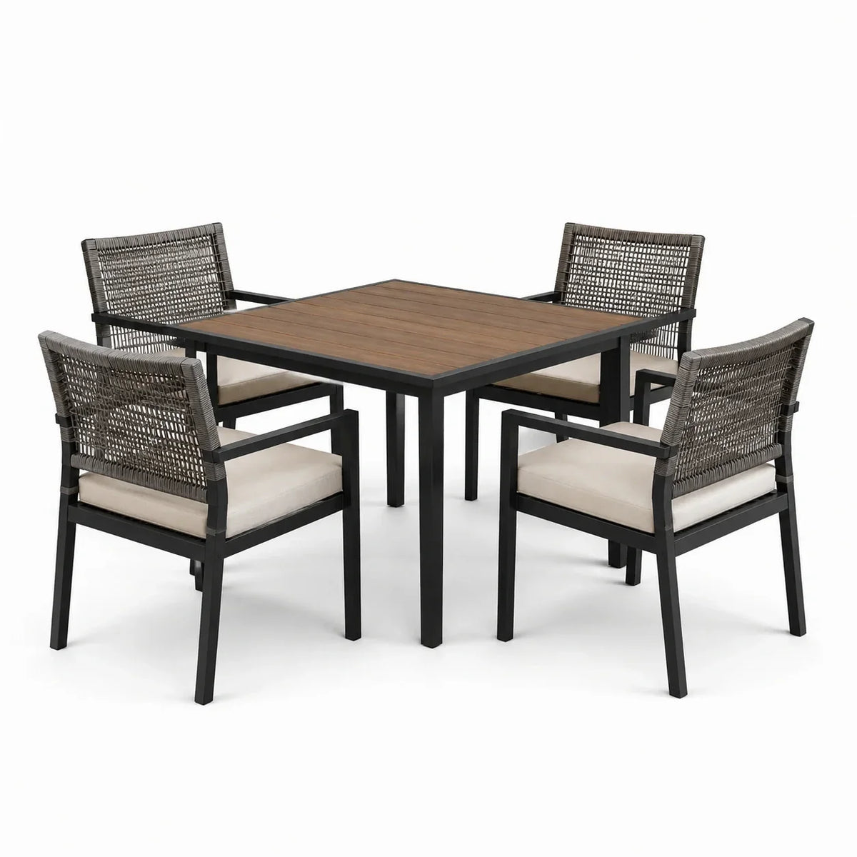 Conjunto de comedor de jardín, mesa de aluminio y 4 sillas de ratán sintético, beige