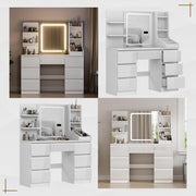 TRIUMPHKEY Tocador Moderno Blanco de Alto Brillo, Espejo LED con Luz Ajustable, Gran Espacio de Almacenamiento, Mesa de Maquillaje con 7 Cajones, 3 Compartimentos, 4 Estantes Abiertos