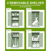 Cobertizo de almacenamiento exterior resistente a la intemperie de 63 pulgadas, con estantes extraíbles, cerraduras, puertas dobles con persianas, cobertizo alto de madera para herramientas de jardín con piso para patio, jardín