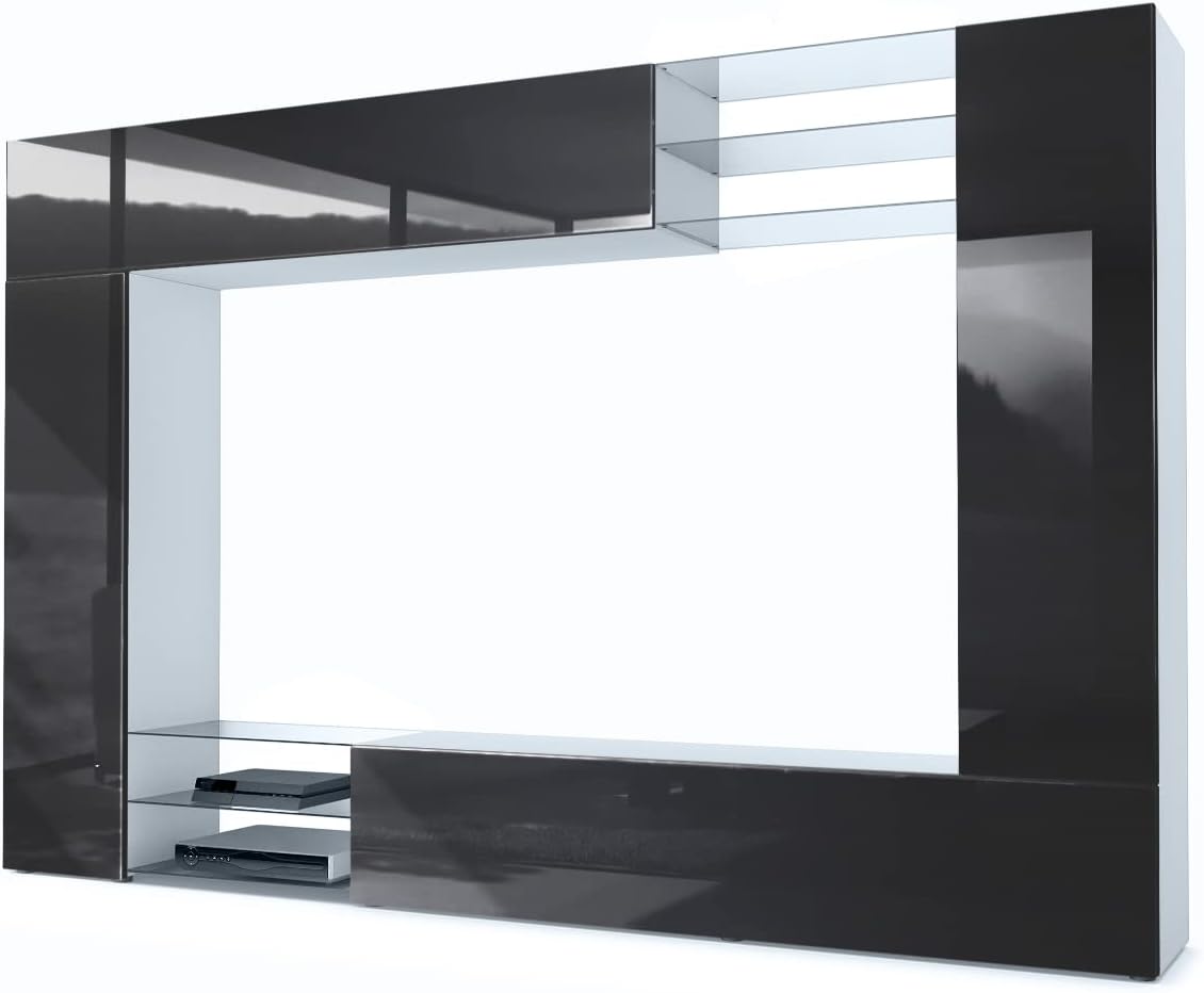 Mueble de salón Vladon Mirage, fabricado en Alemania, composición modular con panel trasero, 2 puertas, 2 puertas abatibles y 6 estantes de cristal abiertos, blanco mate/negro brillante (262 x 183 x 39 cm)