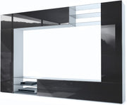Mueble de salón Vladon Mirage, fabricado en Alemania, composición modular con panel trasero, 2 puertas, 2 puertas abatibles y 6 estantes de cristal abiertos, blanco mate/negro brillante (262 x 183 x 39 cm)