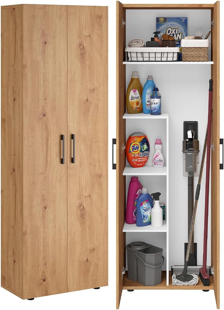 Armario escobero Bellamio Apol - Armario multiusos con aspecto de roble - Armario despensa con compartimento para aspiradora - Armario de limpieza de madera - Mueble de pasillo con almacenaje - Armario para el hogar - Armario multiusos 176x33x60 cm
