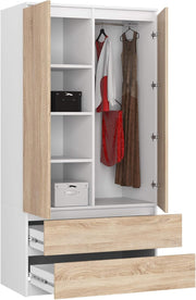 Armario de dos puertas AKORD S 90 cm, 2 cajones con estantes y una barra para colgar ropa, para dormitorio, armarios de estilo minimalista, tablero laminado de 16 mm, color blanco/sonoma