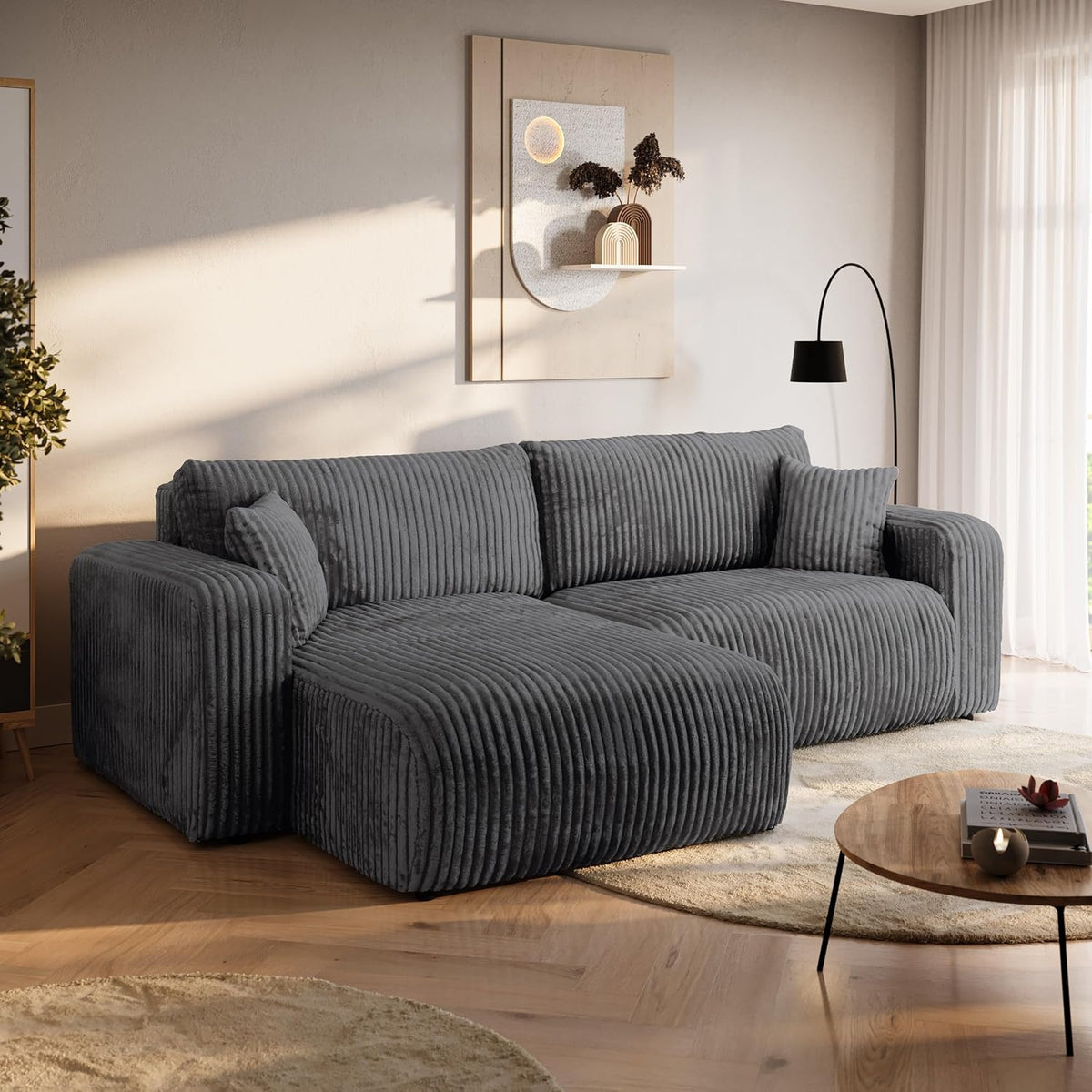 Sofá esquinero BROMARKT con función cama gris oscuro, sofá en forma de L de tela de pana con arcón, sofá cama para salón con espacio de almacenamiento, sofá esquinero de 3 plazas, conjunto de salón 244x148x82 cm TILIO