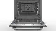 Cocina eléctrica de libre instalación Bosch Serie 4 HKR39C250, 60 cm de ancho, asistente de limpieza EcoClean Direct, aire caliente 3D para hornear en 3 niveles, control por pantalla LED, zona de cocción ampliable para recipientes grandes