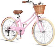 Glerc Missy 20, 24, 26 pulgadas bicicleta híbrida urbana tipo crucero para niñas, de 6 velocidades, con cesta de mimbre, para jóvenes mayores de 6 años, varios colores