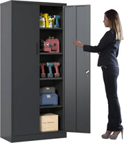 Armario metálico con cerradura, armario de acero de 180 x 80 x 40 cm con 4 estantes ajustables en altura, armario multiusos y de almacenamiento para garaje, taller, sótano y oficina (negro)