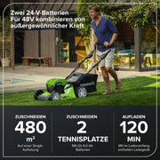 Cortacésped autopropulsado a batería Greenworks 48V (24V x 2) para hasta 480m², 46cm de ancho de corte, saco de 55L, cortacésped eléctrico más dos baterías de 4Ah y cargador doble, 3 años de garantía, GD24X2LM46SPK4X