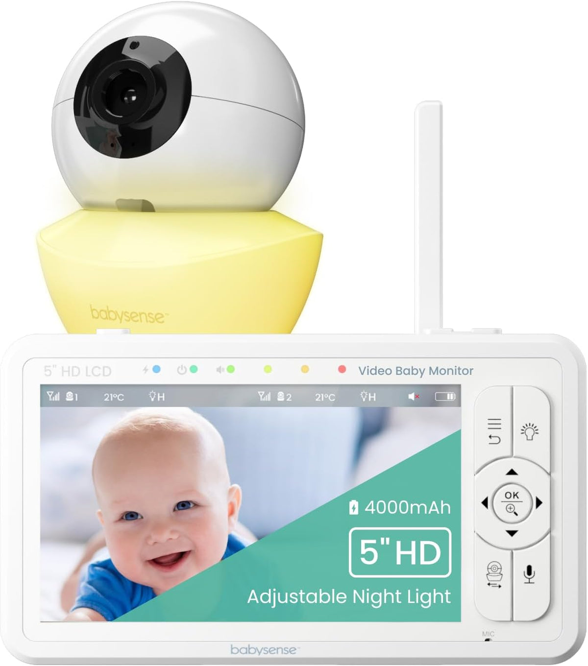 Babysense HDS2 Monitor de video para bebés con cámara y audio, vigilabebés HD 720p de 5", sin WiFi, luz nocturna ajustable, alcance extendido, audio bidireccional, zoom 4X, visión nocturna, batería de 4000 mAh