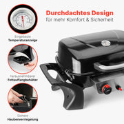 ProfiCook Gasgrill mit 2 Edelstahlbrennern | Tischgrill inkl. Gasdruckminderer & Gasschlauch | Grill mit Stabiler Metallhaube & Temperaturanzeige | Gasgrill klein für Balkon & Camping | PC GG 1261