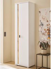 Set de muebles de salón Lomadox de 4 piezas, color blanco y roble, estilo moderno: 1 vitrina, 1 armario alto, 1 mueble bajo, 1 estante de pared, incl. iluminación LED