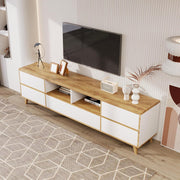 BTM Mueble de TV rústico, banco de TV con compartimentos y puertas, para salón, comedor, dormitorio, almacenamiento práctico, blanco y madera natural, 175x37x51 cm