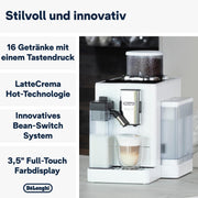 Cafetera superautomática De'Longhi Rivelia EXAM440.55.W con sistema de leche LatteCrema, recipiente de granos intercambiable, 16 bebidas de café y leche con solo tocar un botón, función Extra-Shot, pantalla táctil de 3,5 pulgadas, color blanco
