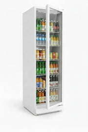 Refrigerador comercial para bebidas SCHOEPF GKS350 - Refrigeración por aire forzado - Refrigerador con puerta de cristal - 347 l - 5 estantes de rejilla ajustables - 194,5 cm de altura (blanco)