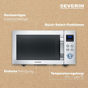 Microondas 4 en 1 SEVERIN "Crispy Wave", función de aire caliente hasta 230 °C, freidora de aire, microondas, horno y grill, temporizador de 95 min, potencia máx. 2150 W, 25 L, plata/acero inoxidable, MW 7982