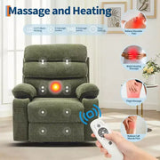 Sillón reclinable mecedor con masaje y calefacción, silla reclinable giratoria de 360 grados para adultos, silla de guardería de lino con bolsillo lateral y dos portavasos