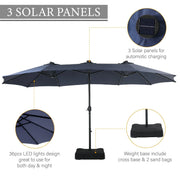 Sombrilla de mercado para exteriores rectangular de 15 pies, de doble cara, con manivela, luces LED solares y base incluida