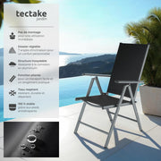 TecTake® Juego de 4 sillas de jardín plegables con reposabrazos, sillas de exterior con estructura de aluminio, respaldo alto ajustable en 7 posiciones, resistente a la intemperie, para salón de jardín exterior