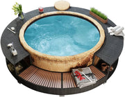 Borde KOIECETA con almacenamiento para jacuzzi spa piscina, borde de piscina de poliratán negro, madera dura, redondo, acero con recubrimiento en polvo (V31009)