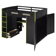 Cama alta matrimonial Merax con escritorio, armario, luces LED RGB y puerto de carga USB, elegante estructura negra con espacio de almacenamiento múltiple para amantes de los videojuegos