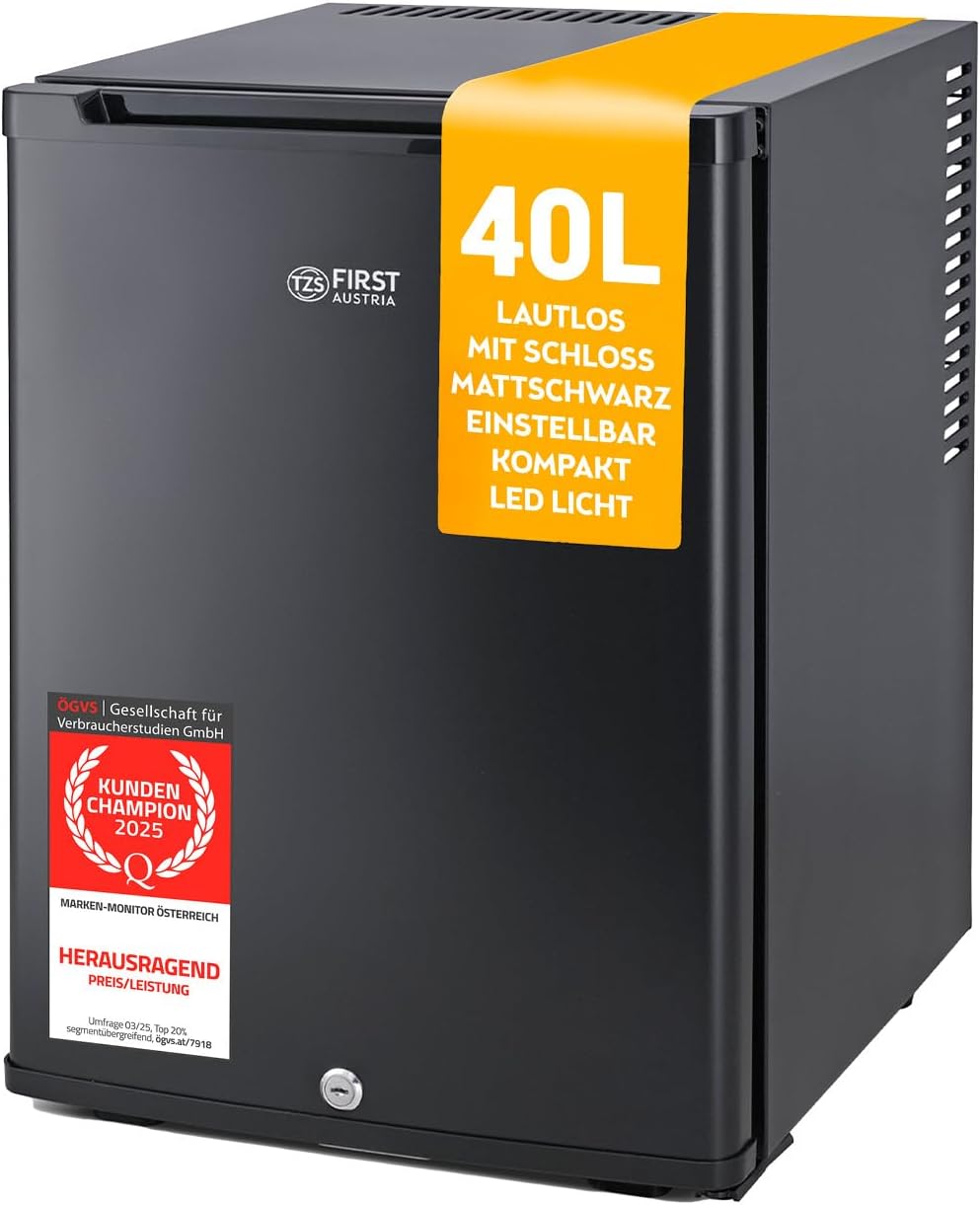 TZS First Austria - Mininevera 40L silenciosa y con cerradura - Mininevera pequeña, sentido de apertura de puerta reversible e iluminación interior - Minibar para camping, oficina, dormitorio y hotel - Negro mate