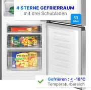 Refrigerador con congelador Bomann® de 143 cm de altura | Frigorífico combi de 175 L con 3 estantes y 3 cajones | Sentido de apertura de puerta reversible | Frigorífico combi silencioso de 39 dB | Frigorífico KG 322.1 aspecto inox