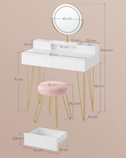 Tocador VASAGLE con taburete e iluminación, regleta de enchufes, espejo, mesa de maquillaje, 40 x 80 x 134,8 cm, mesa de cosmética con cajones, taburete acolchado, blanco mate-oro pálido RVT019W01