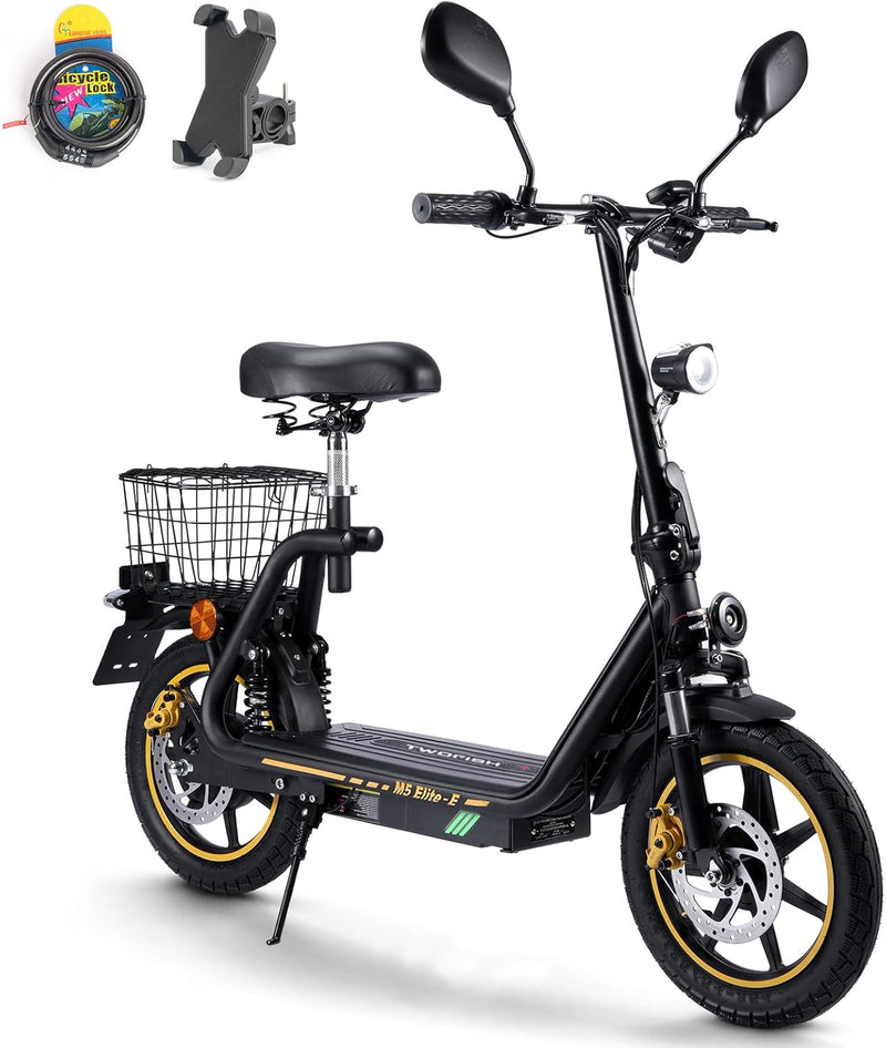 TWOFISH Ciclomotor eléctrico 500W con batería de 48V 13Ah, certificado CEE, 30 km de autonomía, neumáticos de 14 pulgadas, 45 km/h, escúter con homologación para carretera, motocicleta eléctrica con asiento y cesta, M5 Elite E (Negro)