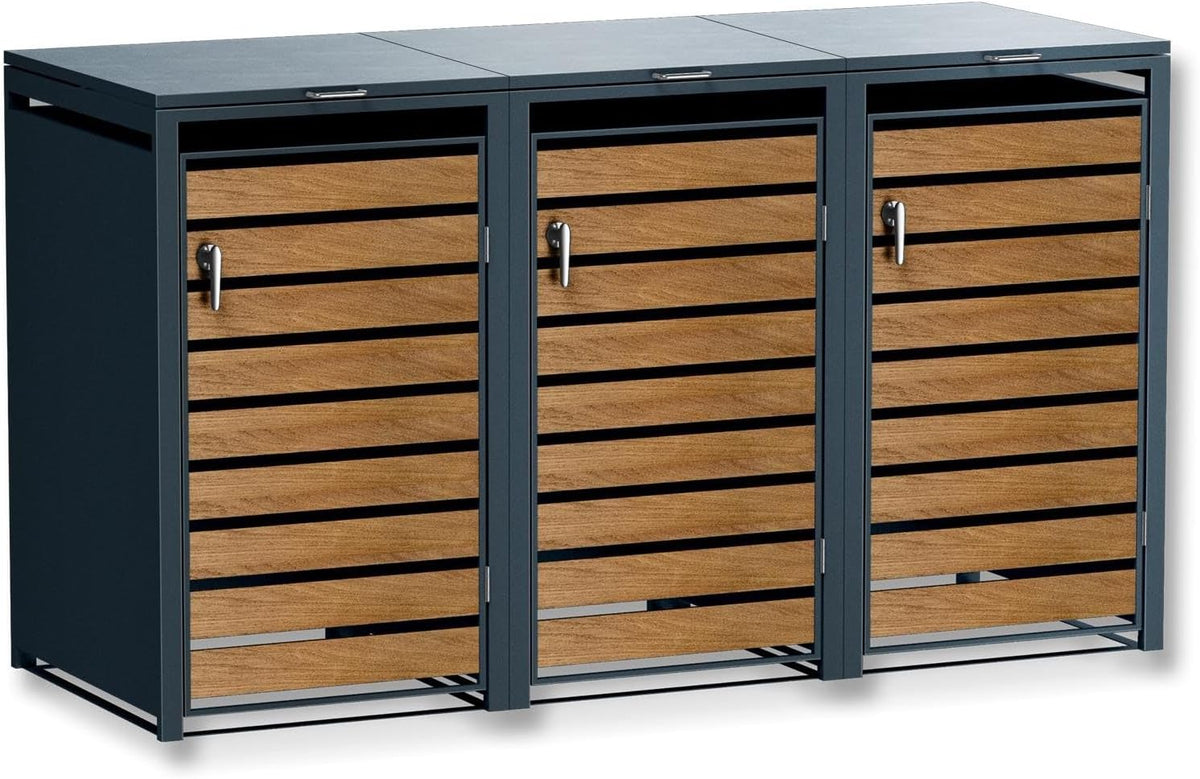 Cubo para basura Metzler en antracita y efecto madera, 3 compartimentos de 240 L, revestimiento para 3 cubos de basura, acero con recubrimiento en polvo resistente a la intemperie con tapa automática, bloqueable, arcón para jardín y basura