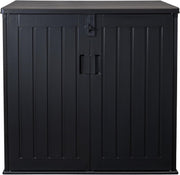 Caja para cubos de basura Koll Living Soraya de 775 litros, de plástico con aspecto de madera – bloqueable, resistente a la intemperie, resistente a los rayos UV, con amortiguadores de gas – Negro/Gris