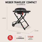 Barbacoa de gas Weber Traveler Compact con carro plegable y ruedas | Barbacoa portátil, parrillas de hierro fundido vitrificado, termómetro integrado en la tapa, quemador de 3,81 kW, 2065 cm² de superficie de cocción, negra