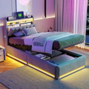 Cama abatible 90x200 cm con LED y puertos USB, cabecero con almacenamiento, cama individual con somier de láminas, fácil de montar, para adultos y adolescentes, terciopelo (gris, 90x200 cm)