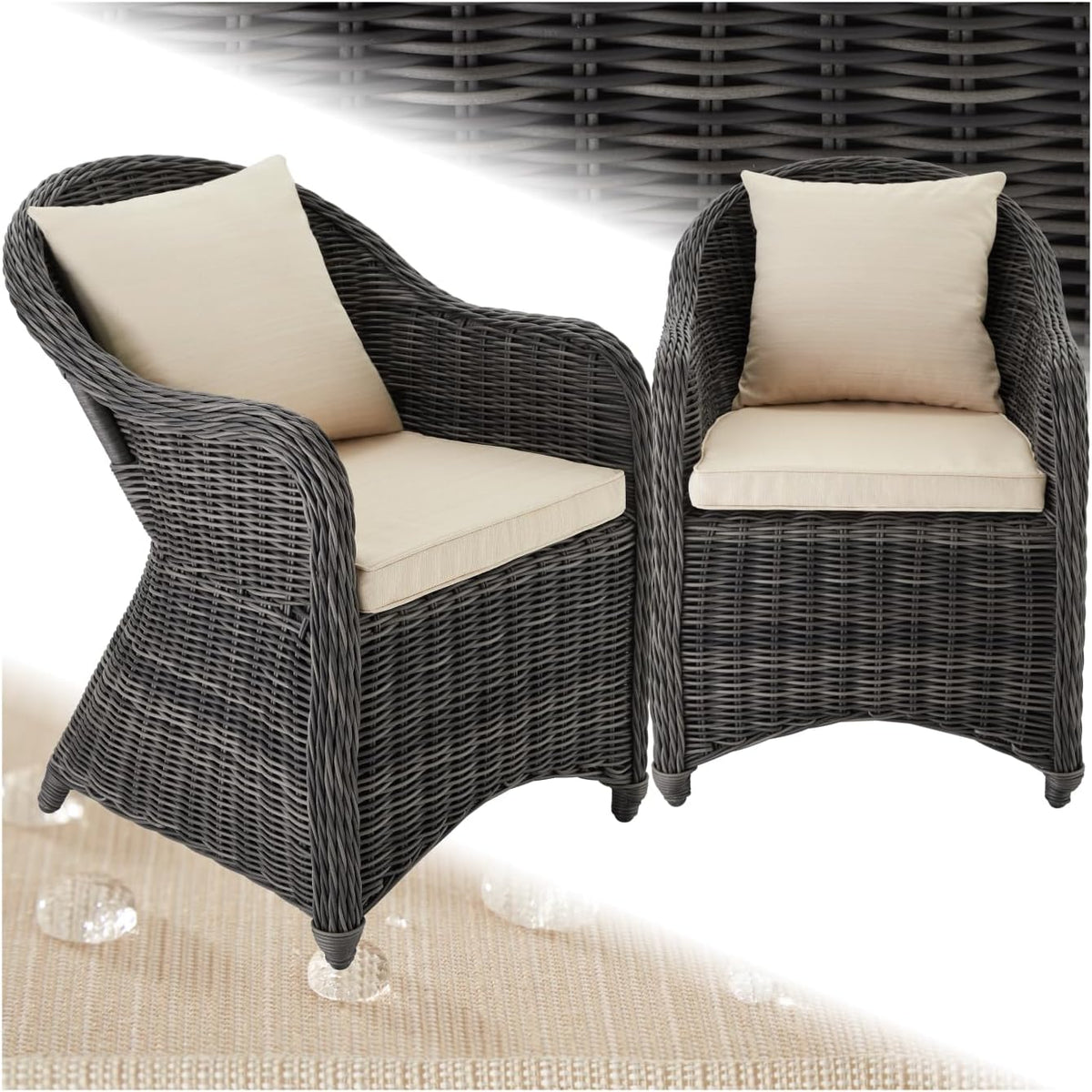 tectake® Set de 2 sillas de jardín de polirratán y aluminio, mobiliario de jardín con 2 sillones, resistente a la intemperie, sillón de jardín de ratán con cojines suaves, funda extraíble y lavable, estable y protector de suelos - gris