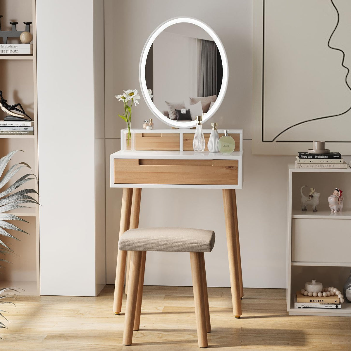 YU YUSING Tocador con iluminación LED y espejo, mesa de maquillaje con 3 cajones y taburete, brillo ajustable, tocador de 60 cm para espacios pequeños, dormitorio, color madera